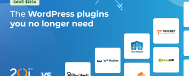 Graphic that shows the logos of many popular WordPress plugins vs 20i