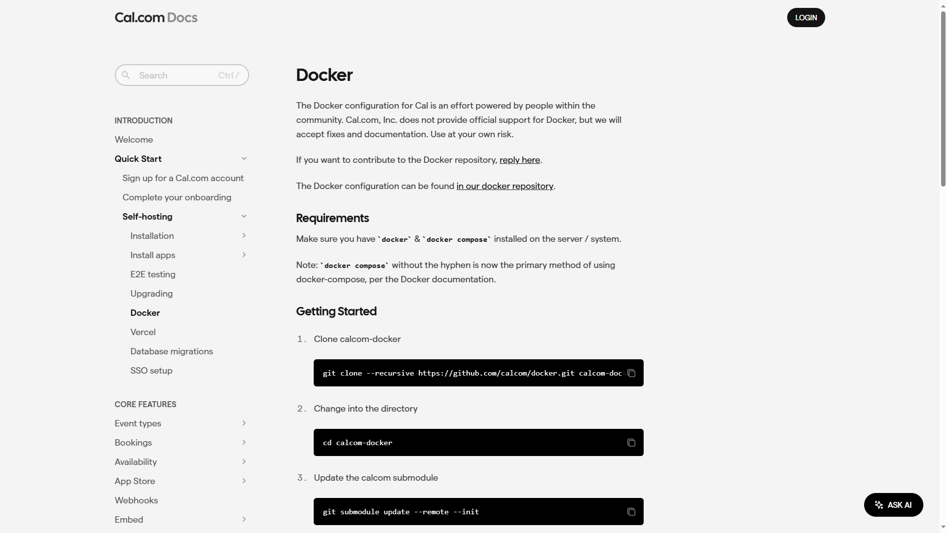 Screenshot of the Cal.com Docs page that has instructions for installing the software using Docker