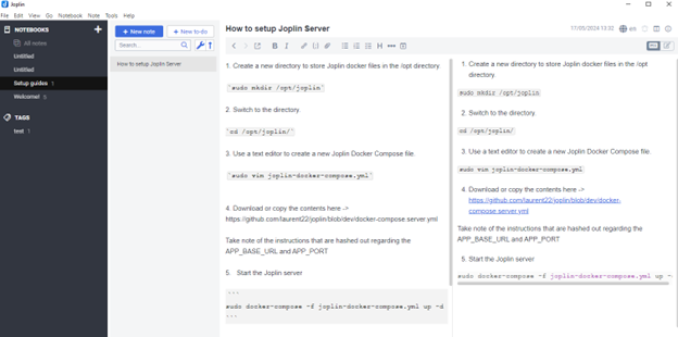 Screenshot of the author making notes using Joplin's desktop app