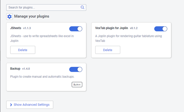 Screenshot of the plugins available 