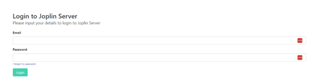 Screenshot of the Joplin Server login screen