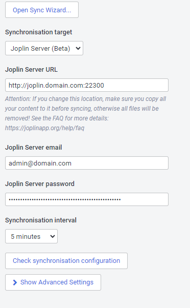 Screenshot of the Joplin Server synchronisation settings