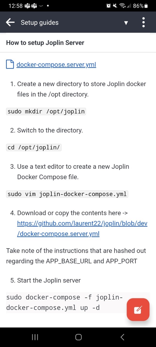 Screenshot of the author's notes on installing Joplin Server using Docker