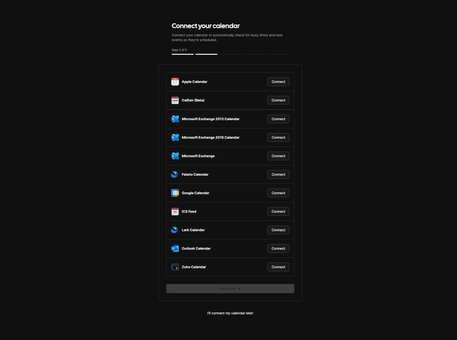 Screenshot showing the wide range of calendar apps that can be integrated with Cal.com