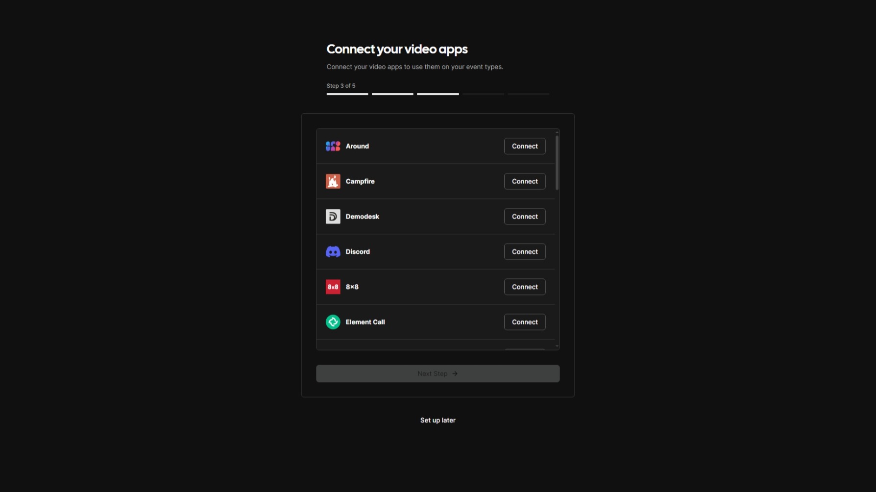 Screenshot showing the stage of the Cal.com setup process where you are prompted to connect video conferencing apps