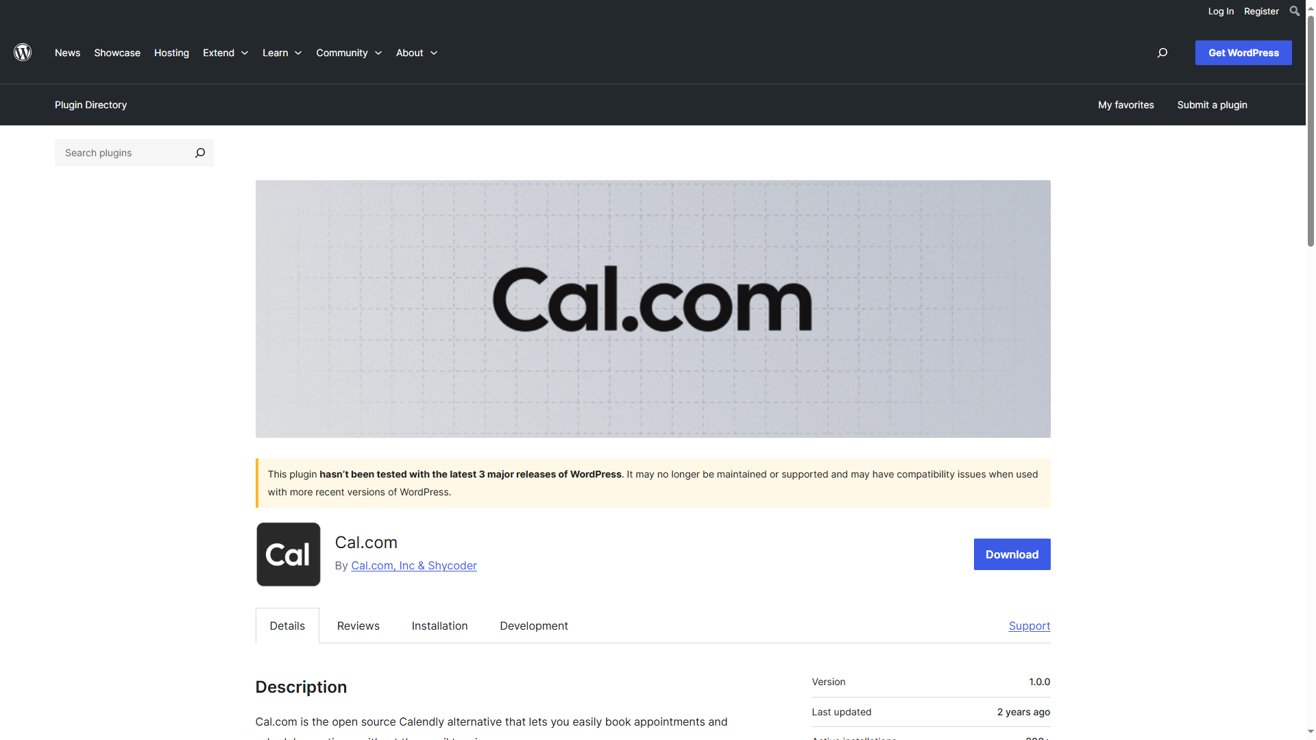 Screenshot of the Cal.com WordPress plugin page