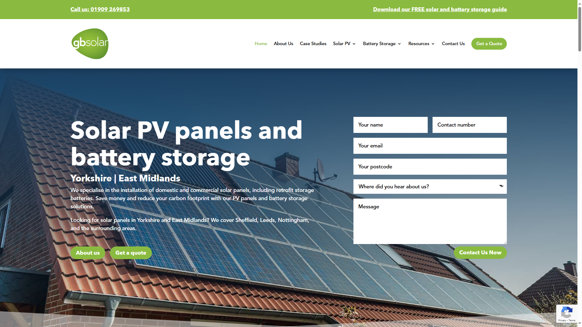 Screenshot of the GB Solar website by Marketing Labs