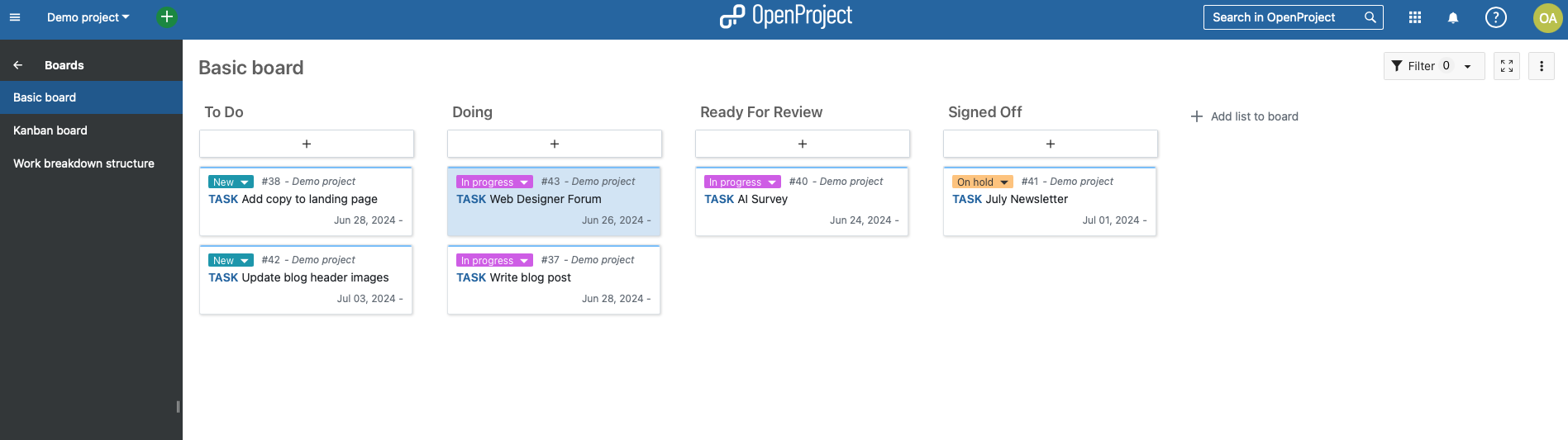 Screenshot of Basic board view on OpenProject 