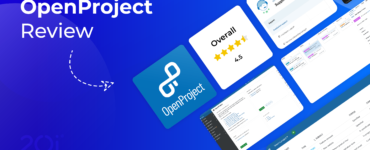 Graphic with text that reads OpenProject Review. Image tiles include the OpenProject logo, a 4.5 star rating and screenshots of the OpenProject user interface