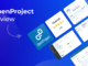 Graphic with text that reads OpenProject Review. Image tiles include the OpenProject logo, a 4.5 star rating and screenshots of the OpenProject user interface