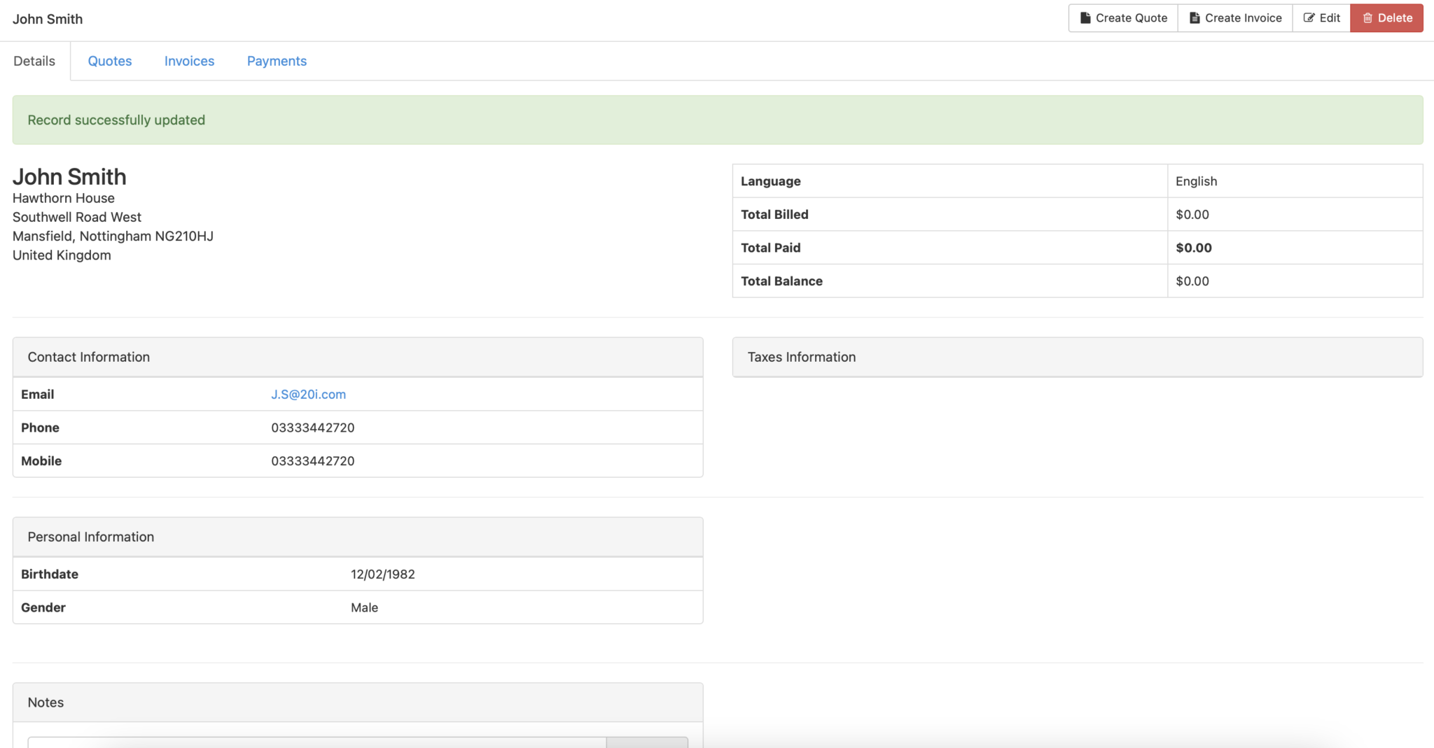 Screenshot of the InvoicePlane client details page 