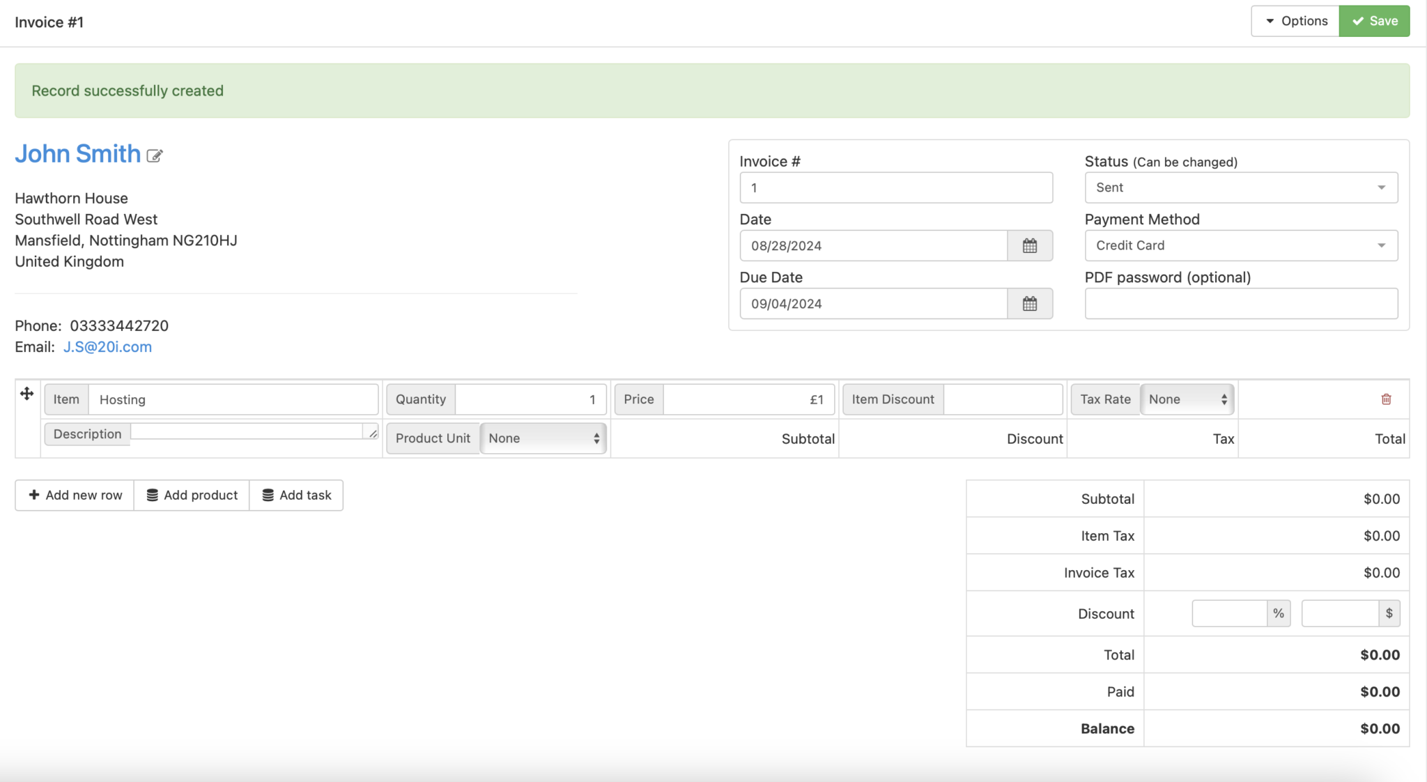 Screenshot of a client invoice 