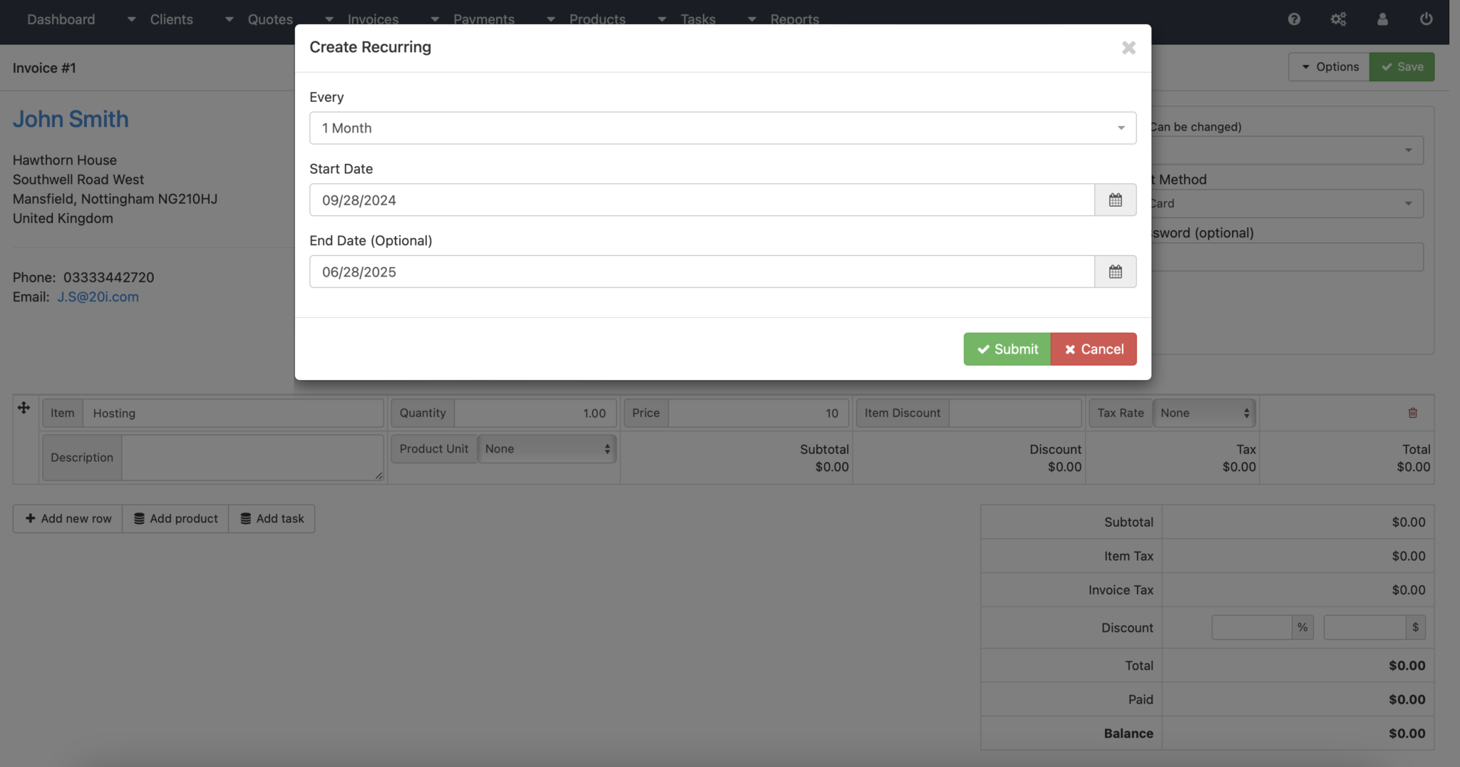 Screenshot of 'Create Recurring Invoice' pop-up