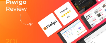 Piwigo Review graphic showing elements of the Piwigo interface on tiles. An overall review score of 4.5 out of 5 stars is shown.