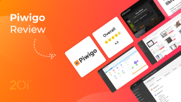 Piwigo Review graphic showing elements of the Piwigo interface on tiles. An overall review score of 4.5 out of 5 stars is shown.