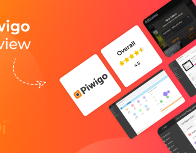 Piwigo Review graphic showing elements of the Piwigo interface on tiles. An overall review score of 4.5 out of 5 stars is shown.