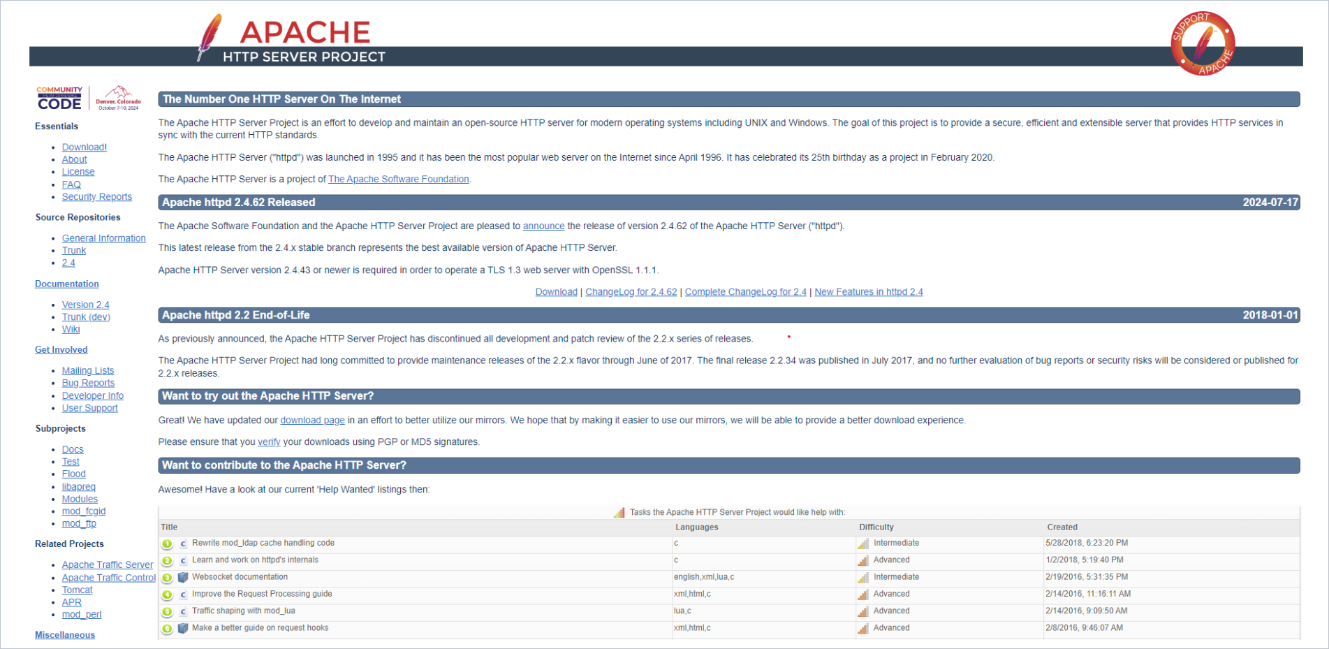 Screenshot of Apache HTTP Server Project home page