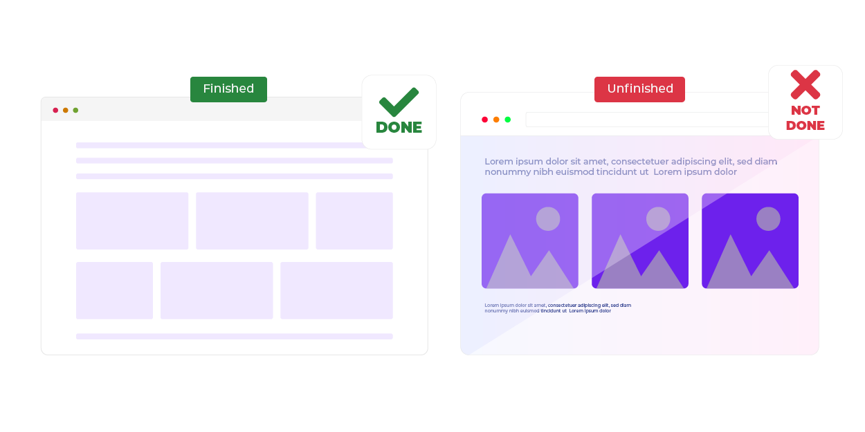 Graphic contrasting a simple, completed web page vs an elaborate, unfinished web page